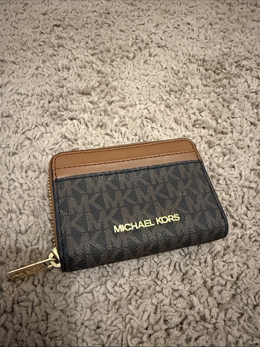 Michael Kors Brown and Tan Signature Zip Card Holder